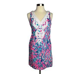 Lilly Pulitzer Sleeveless Embroidered V-Neck Shift Dress Size 0 Cotton Pink/Blue